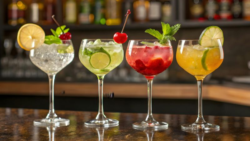 Four colorful fruit-garnished cocktails in balloon glasses lined up on a dark bar top.