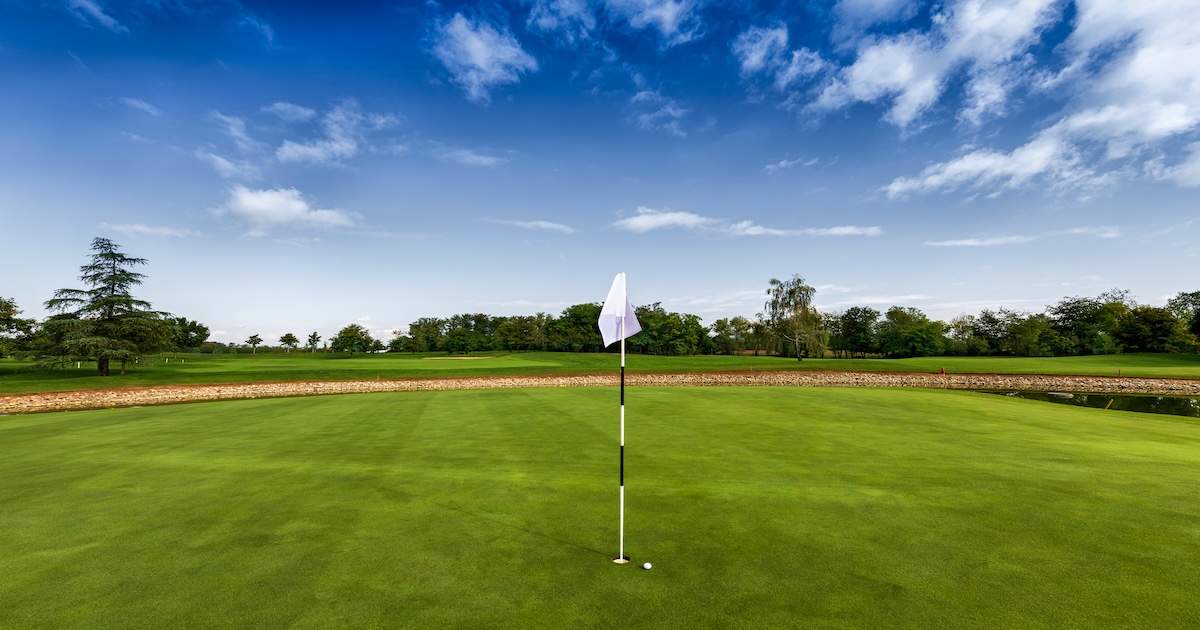 White flag on a green golf course putting green with trees and blue sky in the background