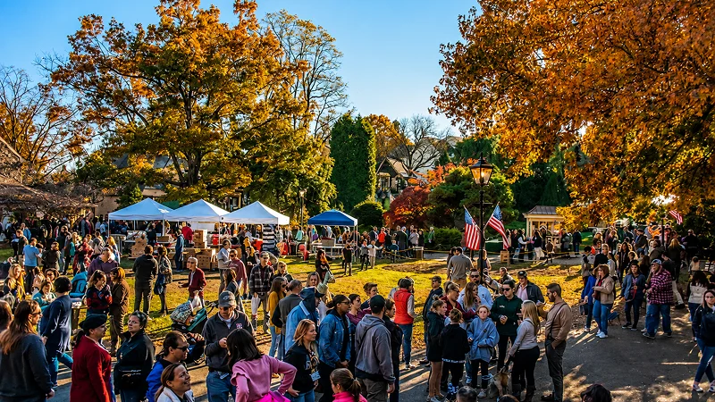 A crowd of people at an outdoor fall festival under trees with golden autumn leaves.