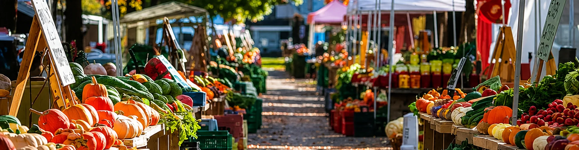 A farmers market lined with colorful pumpkins, gourds, and produce stands under string lights.