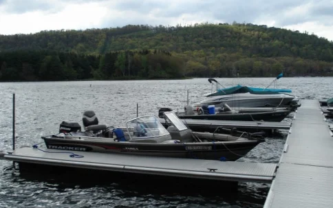 Boats docked at a public boat launch on Deep Creek Lake